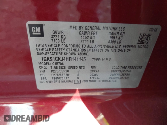 2017 GMC Yukon Denali with VIN 1GKS1CKJ4HR141145, listed as a IAAI auction lot 40799652 with 104,369 mi miles. Bid and sale history available at carsss.com. Image 9.