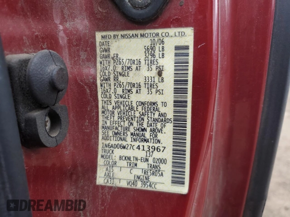 2007 Nissan Frontier Nismo z VIN 1N6AD06W27C413967, wystawiony jako Copart lot #53335915 z przebiegiem 205 824 mil mil oraz Czysty tytuł • Clean title. Historia ofert i sprzedaży dostępna na DreamBid. Obrazek 12.