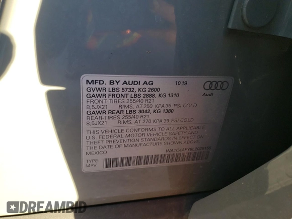 2020 Audi SQ5 Prestige with VIN WA1C4AFY8L2029155, listed as a Copart auction lot 72798372 with 32,631 mi miles. Bid and sale history available at carsss.com. Image 13.