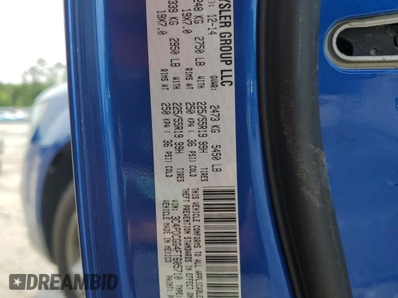 2015 Dodge Journey Crossroad with VIN 3C4PDCGG4FT605710, listed as a Copart auction lot 56181445 with 57,297 mi miles and Salvage title. Bid and sale history available at DreamBid. Image 13.