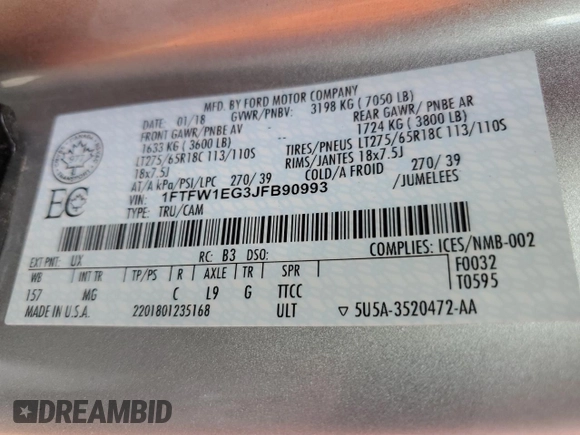 2018 Ford F-150 XL with VIN 1FTFW1EG3JFB90993, listed as a Copart auction lot 64446865 with 63,295 mi miles and Salvage title. Bid and sale history available at DreamBid. Image 12.