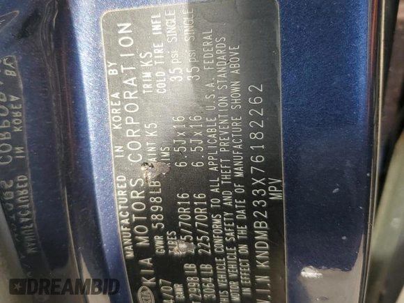 2007 Kia Sedona LX with VIN KNDMB233X76182262, listed as a Copart auction lot 48689735 with 143,041 mi miles and Salvage Title. Bid and sale history available at carsss.com. Image 15.