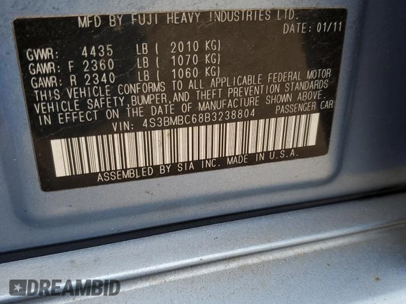 2011 Subaru Legacy Premium with VIN 4S3BMBC68B3238804, listed as a Copart auction lot 61035365 with 114,880 mi miles and Salvage title. Bid and sale history available at DreamBid. Image 12.