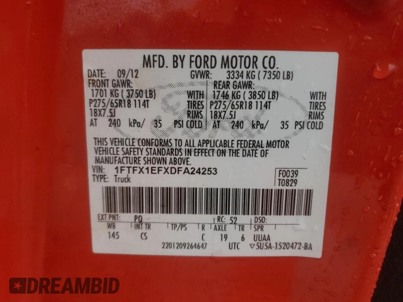 2013 Ford F-150 XL with VIN 1FTFX1EFXDFA24253, listed as a Copart auction lot 44145055 with Not Provided miles and Salvage Title. Bid and sale history available at DreamBid. Image 12.