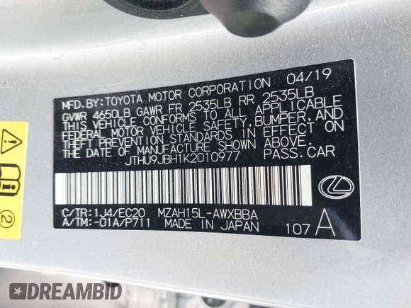2019 Lexus UX 250h with VIN JTHU9JBH1K2010977, listed as a IAAI auction lot 42403115 with 85,906 mi miles and . Bid and sale history available at DreamBid. Image 9.