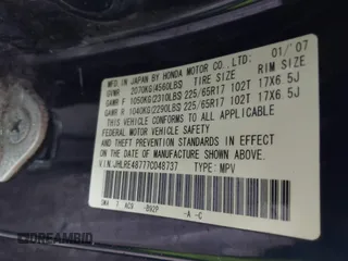 2007 Honda CR-V EX-L with VIN JHLRE48777C048737, listed as a IAAI auction lot 42188400 with 125,856 mi miles and . Bid and sale history available at carsss.com. Image 9.