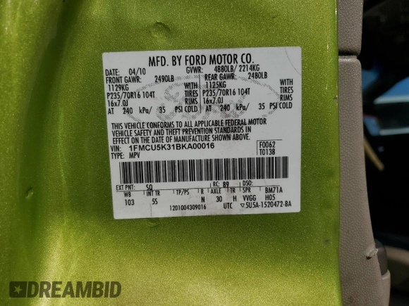 2011 Ford Escape Hybrid with VIN 1FMCU5K31BKA00016, listed as a Copart auction lot 62947255 with 390,317 mi miles and Clean title. Bid and sale history available at DreamBid. Image 13.