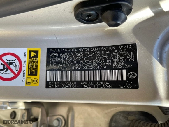 2013 Lexus ES 300h Hybrid with VIN JTHBW1GGXD2031734, listed as a Copart auction lot 49254805 with NaN miles and Clean Title. Bid and sale history available at carsss.com. Image 10.