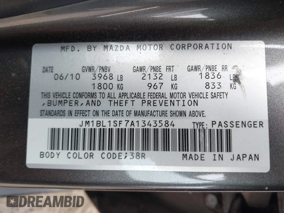 2010 Mazda 3 i SV with VIN JM1BL1SF7A1343584, listed as a IAAI auction lot 41649578 with 69,226 mi miles and . Bid and sale history available at DreamBid. Image 9.