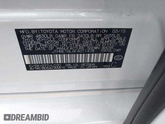 2015 Lexus GS 350 with VIN JTHBE1BL6FA011478, listed as a IAAI auction lot 42115848 with 50,976 mi miles and . Bid and sale history available at DreamBid. Image 9.