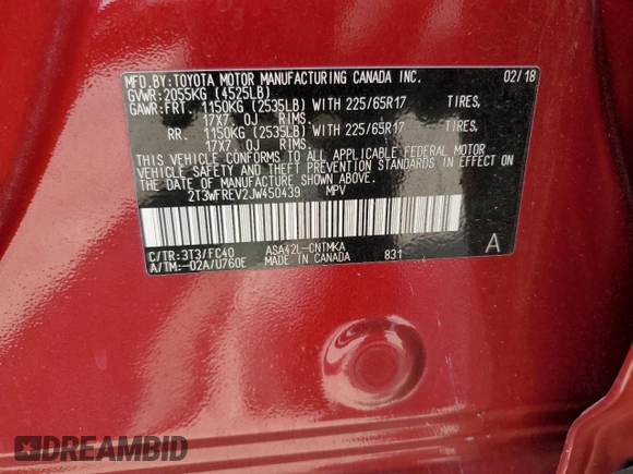 2018 Toyota RAV4 XLE z VIN 2T3WFREV2JW450439, wystawiony jako Copart lot #63300815 z przebiegiem 57 882 mil mil oraz Szkoda całkowita • Salvage title. Historia ofert i sprzedaży dostępna na DreamBid. Obrazek 14.