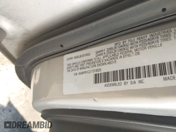 2007 Subaru Legacy Outback с VIN 4S4BP61C277319025, выставлен на аукционе IAAI как лот 42666120 с пробегом 163 701 миль миль и . История ставок и продаж доступна на DreamBid. Изображение 9.