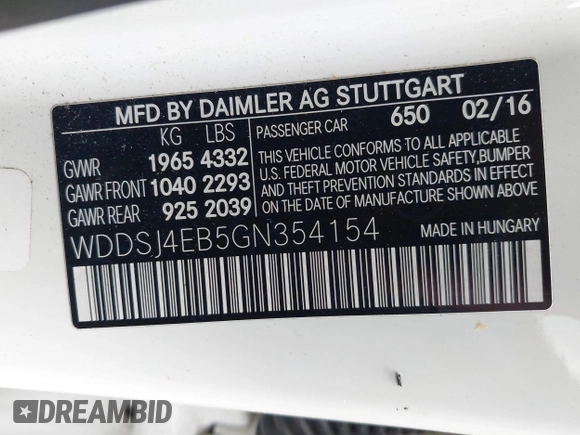 2016 Mercedes-Benz CLA 250 with VIN WDDSJ4EB5GN354154, listed as a IAAI auction lot 41469527 with 106,499 mi miles and . Bid and sale history available at DreamBid. Image 9.