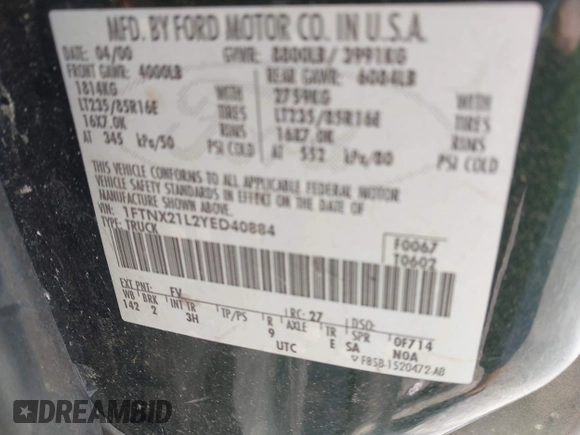 2000 Ford F-250 XL with VIN 1FTNX21L2YED40884, listed as a IAAI auction lot 42236268 with 268,112 mi miles and . Bid and sale history available at DreamBid. Image 9.