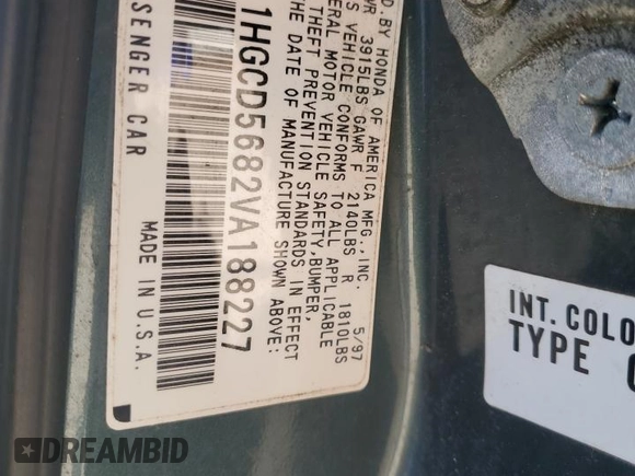 1997 Honda Accord Value with VIN 1HGCD5682VA188227, listed as a Copart auction lot 48416295 with 221,495 mi miles and Salvage Title. Bid and sale history available at DreamBid. Image 12.