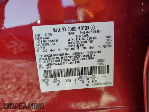 2020 Ford Edge SEL with VIN 2FMPK4J96LBB44339, listed as a Copart auction lot 82676544 with 75,419 mi miles and Salvage Title. Bid and sale history available at carsss.com. Image 14.