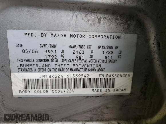 2006 Mazda 3 s with VIN JM1BK324161539542, listed as a Copart auction lot 42357535 with 225,428 mi miles and Salvage Title. Bid and sale history available at DreamBid. Image 13.