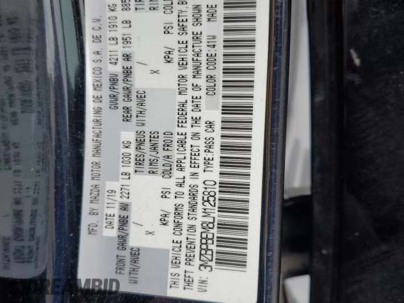 2020 Mazda 3 Premium with VIN 3MZBPBEM8LM125810, listed as a Copart auction lot 65094235 with 27,645 mi miles and Salvage title. Bid and sale history available at DreamBid. Image 12.