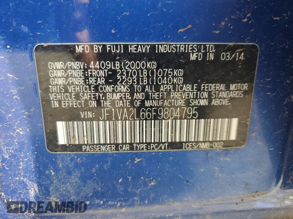 2015 Subaru WRX STI with VIN JF1VA2L66F9804795, listed as a Copart auction lot 71095344 with 141,122 mi miles and Salvage title. Bid and sale history available at DreamBid. Image 14.