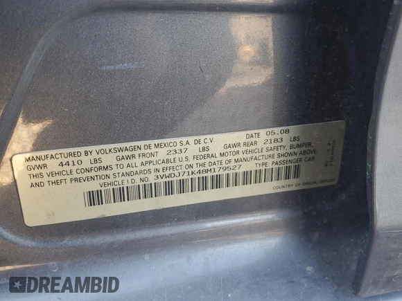 2008 Volkswagen Jetta GLI z VIN 3VWDJ71K48M179527, wystawiony jako Copart lot #71831124 z przebiegiem 199 028 mil mil oraz Szkoda całkowita • Salvage title. Historia ofert i sprzedaży dostępna na DreamBid. Obrazek 13.