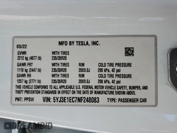 2022 Tesla Model 3 Performance with VIN 5YJ3E1EC7NF248083, listed as a Copart auction lot 51536925 with 50,529 mi miles and Salvage Title. Bid and sale history available at DreamBid. Image 12.