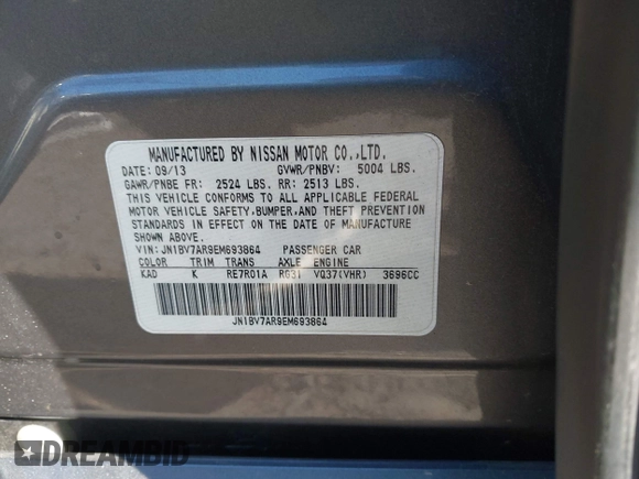 2014 Infiniti Q50 Sport with VIN JN1BV7AR9EM693864, listed as a IAAI auction lot 42050681 with 115,967 mi miles and . Bid and sale history available at carsss.com. Image 9.