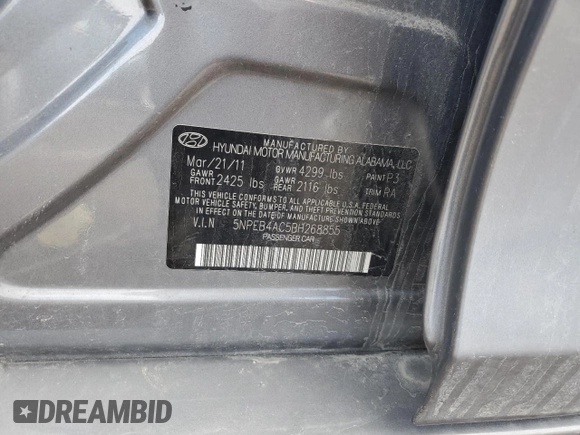 2011 Hyundai Sonata GLS with VIN 5NPEB4AC5BH268855, listed as a Copart auction lot 50308755 with 75,490 mi miles and Salvage Title. Bid and sale history available at DreamBid. Image 14.