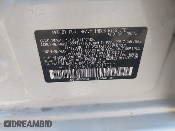 2013 Subaru Crosstrek Premium with VIN JF2GPACC5D2217013, listed as a IAAI auction lot 42261633 with 214,885 mi miles and . Bid and sale history available at DreamBid. Image 9.