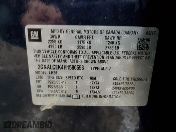 2017 Chevrolet Equinox LT with VIN 2GNALCEK4H1586653, listed as a Copart auction lot 45881465 with 111,142 mi miles and Clean Title. Bid and sale history available at DreamBid. Image 13.