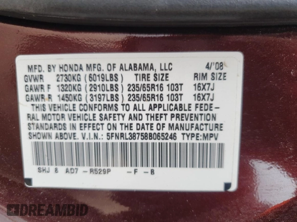 2008 Honda Odyssey EX-L z VIN 5FNRL38758B065246, wystawiony jako Copart lot #52621875 z przebiegiem 204 474 mil mil oraz Szkoda całkowita • Salvage title. Historia ofert i sprzedaży dostępna na DreamBid. Obrazek 13.