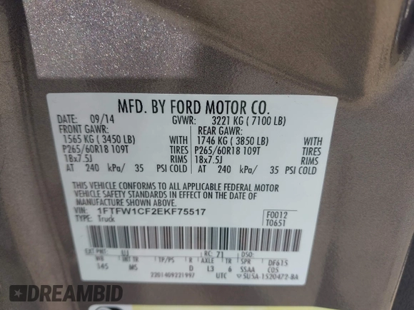 2014 Ford F-150 XL with VIN 1FTFW1CF2EKF75517, listed as a IAAI auction lot 40534480 with 121,035 mi miles. Bid and sale history available at carsss.com. Image 9.