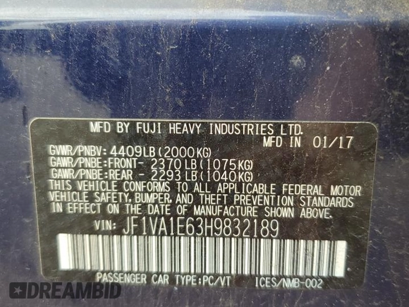 2017 Subaru WRX Premium with VIN JF1VA1E63H9832189, listed as a Copart auction lot 60117895 with 120,017 mi miles and Salvage title. Bid and sale history available at DreamBid. Image 12.