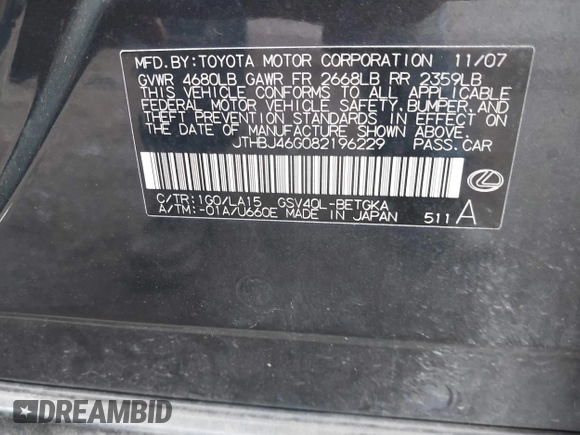 2008 Lexus ES 330 z VIN JTHBJ46G082196229, wystawiony jako IAAI lot #42241358 z przebiegiem 240 786 mil mil oraz . Historia ofert i sprzedaży dostępna na DreamBid. Obrazek 9.