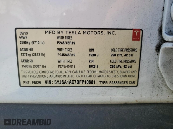 2013 Tesla Model S with VIN 5YJSA1AC7DFP10881, listed as a Copart auction lot 61485235 with 107,032 mi miles and Salvage title. Bid and sale history available at DreamBid. Image 13.