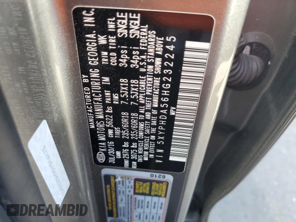 2017 Kia Sorento EX z VIN 5XYPHDA56HG232245, wystawiony jako Copart lot #56305625 z przebiegiem 76 947 mil mil oraz Szkoda całkowita • Salvage title. Historia ofert i sprzedaży dostępna na DreamBid. Obrazek 13.