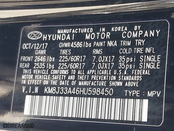 2017 Hyundai Tucson SE Plus with VIN KM8J33A46HU598450, listed as a IAAI auction lot 41709481 with 34,781 mi miles. Bid and sale history available at carsss.com. Image 9.