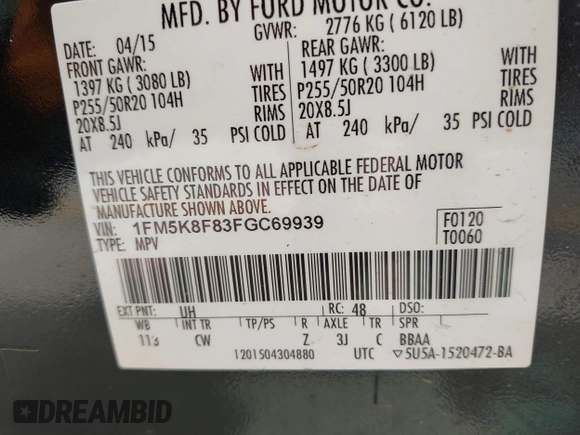 2015 Ford Explorer Limited with VIN 1FM5K8F83FGC69939, listed as a IAAI auction lot 42006131 with 140,739 mi miles and . Bid and sale history available at DreamBid. Image 9.