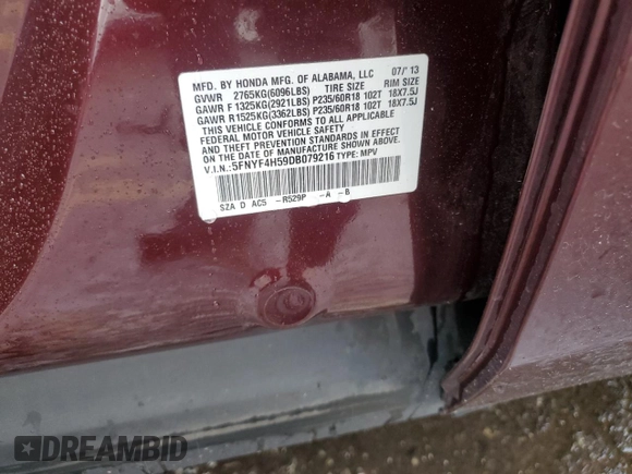 2013 Honda Pilot EX-L z VIN 5FNYF4H59DB079216, wystawiony jako Copart lot #58231345 z przebiegiem 150 572 mil mil oraz Czysty tytuł • Clean title. Historia ofert i sprzedaży dostępna na DreamBid. Obrazek 13.