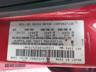 2016 Mazda 6 i Sport with VIN JM1GJ1U56G1409311, listed as a IAAI auction lot 41906256 with 126,548 mi miles and . Bid and sale history available at carsss.com. Image 9.
