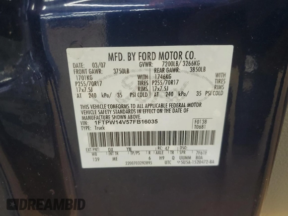 2007 Ford F-150 XLT с VIN 1FTPW14V57FB16035, выставлен на аукционе Copart как лот 60649955 с пробегом 155 549 миль миль и Списание • Salvage title. История ставок и продаж доступна на DreamBid. Изображение 12.
