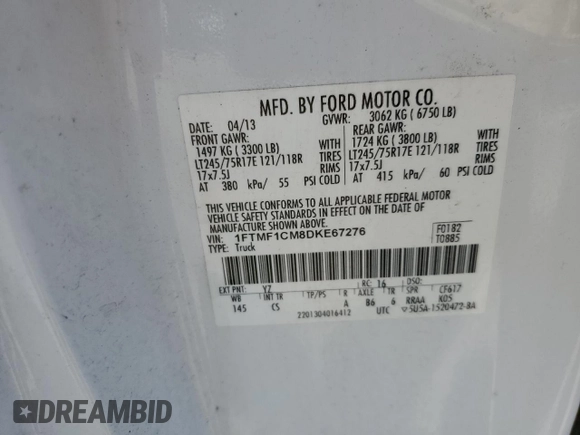 2013 Ford F-150 XL with VIN 1FTMF1CM8DKE67276, listed as a Copart auction lot 52690085 with 149,034 mi miles and Salvage title. Bid and sale history available at DreamBid. Image 12.