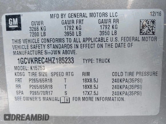2017 Chevrolet Silverado 1500 LT with VIN 1GCVKREC4HZ185233, listed as a IAAI auction lot 41845678 with 120,539 mi miles and . Bid and sale history available at DreamBid. Image 9.