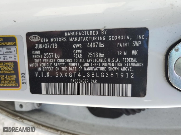 2020 Kia Optima LX with VIN 5XXGT4L38LG381912, listed as a Copart auction lot 48676565 with 0 mi miles and Non Repairable. Bid and sale history available at carsss.com. Image 14.
