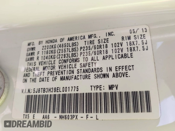 2014 Acura RDX with VIN 5J8TB3H39EL001775, listed as a IAAI auction lot 41488623 with 146,666 mi miles and . Bid and sale history available at DreamBid. Image 9.