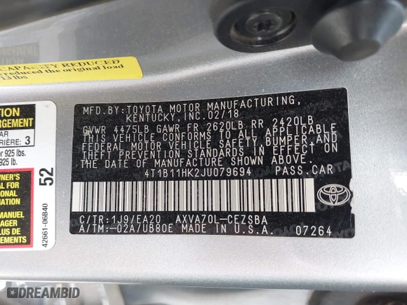 2018 Toyota Camry LE with VIN 4T1B11HK2JU079694, listed as a IAAI auction lot 41930753 with 171,984 mi miles. Bid and sale history available at carsss.com. Image 9.