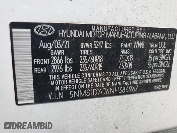 2022 Hyundai Santa Fe SE with VIN 5NMS1DAJ6NH386967, listed as a Copart auction lot 62485124 with 27,442 mi miles and Salvage Title. Bid and sale history available at DreamBid. Image 15.