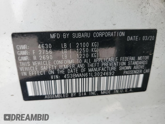 2020 Subaru Legacy Limited with VIN 4S3BWAN61L3024692, listed as a Copart auction lot 59317595 with 84,639 mi miles and Salvage title. Bid and sale history available at DreamBid. Image 12.