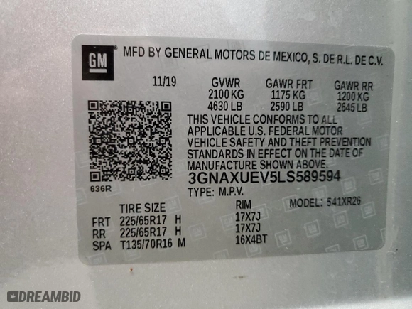 2020 Chevrolet Equinox LT with VIN 3GNAXUEV5LS589594, listed as a Copart auction lot 52875135 with 78,707 mi miles and Clean Title. Bid and sale history available at carsss.com. Image 13.
