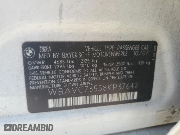 2008 BMW 3 Series 328xi with VIN WBAVC73558KP37642, listed as a Copart auction lot 61891395 with 113,254 mi miles and Salvage title. Bid and sale history available at DreamBid. Image 12.