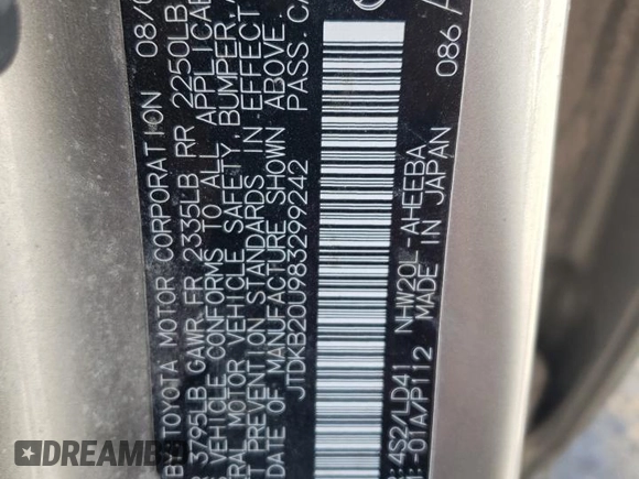 2008 Toyota Prius with VIN JTDKB20U983299242, listed as a Copart auction lot 53867585 with 166,829 mi miles and Salvage Title. Bid and sale history available at DreamBid. Image 14.